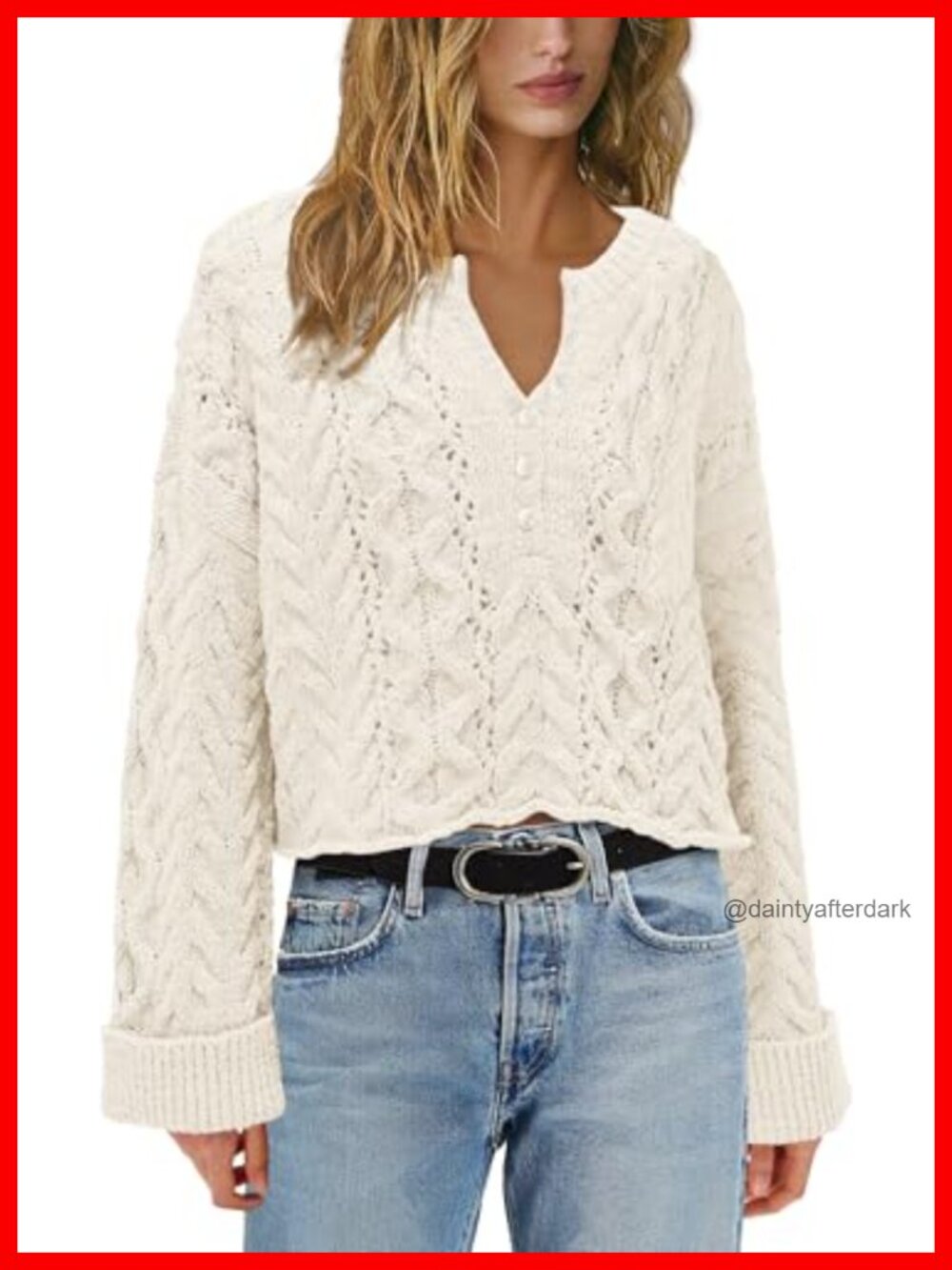 Chunky Cable Knit Bell Sleeve Oversized Cropped Pullover Sweater - Picture 2 of 4